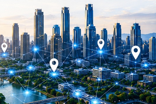 Urban infrastructure with a connected network of monitored assets overlaid on the skyline.
